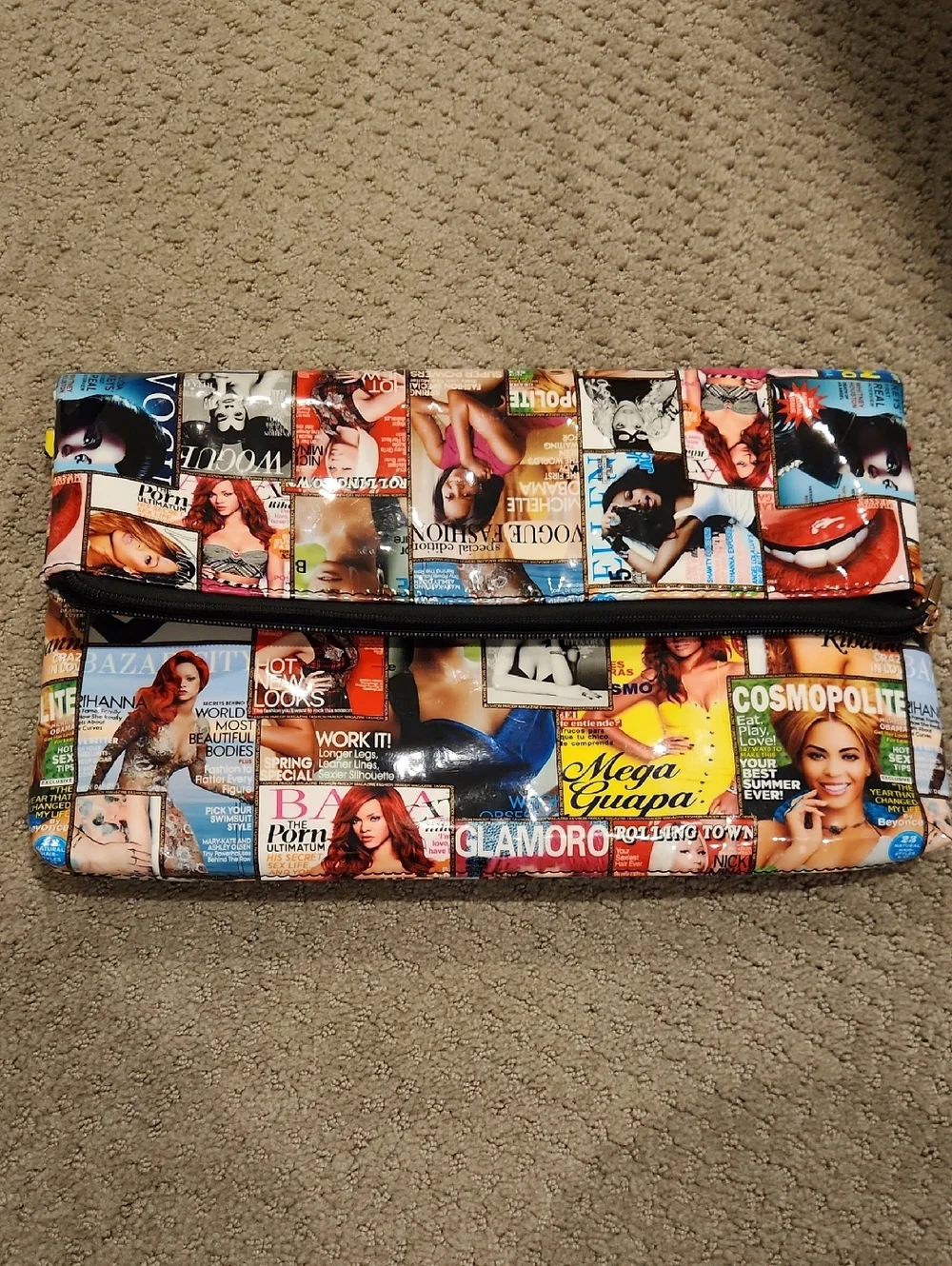 NEW Multicolor Magazine-Print Foldover Clutch